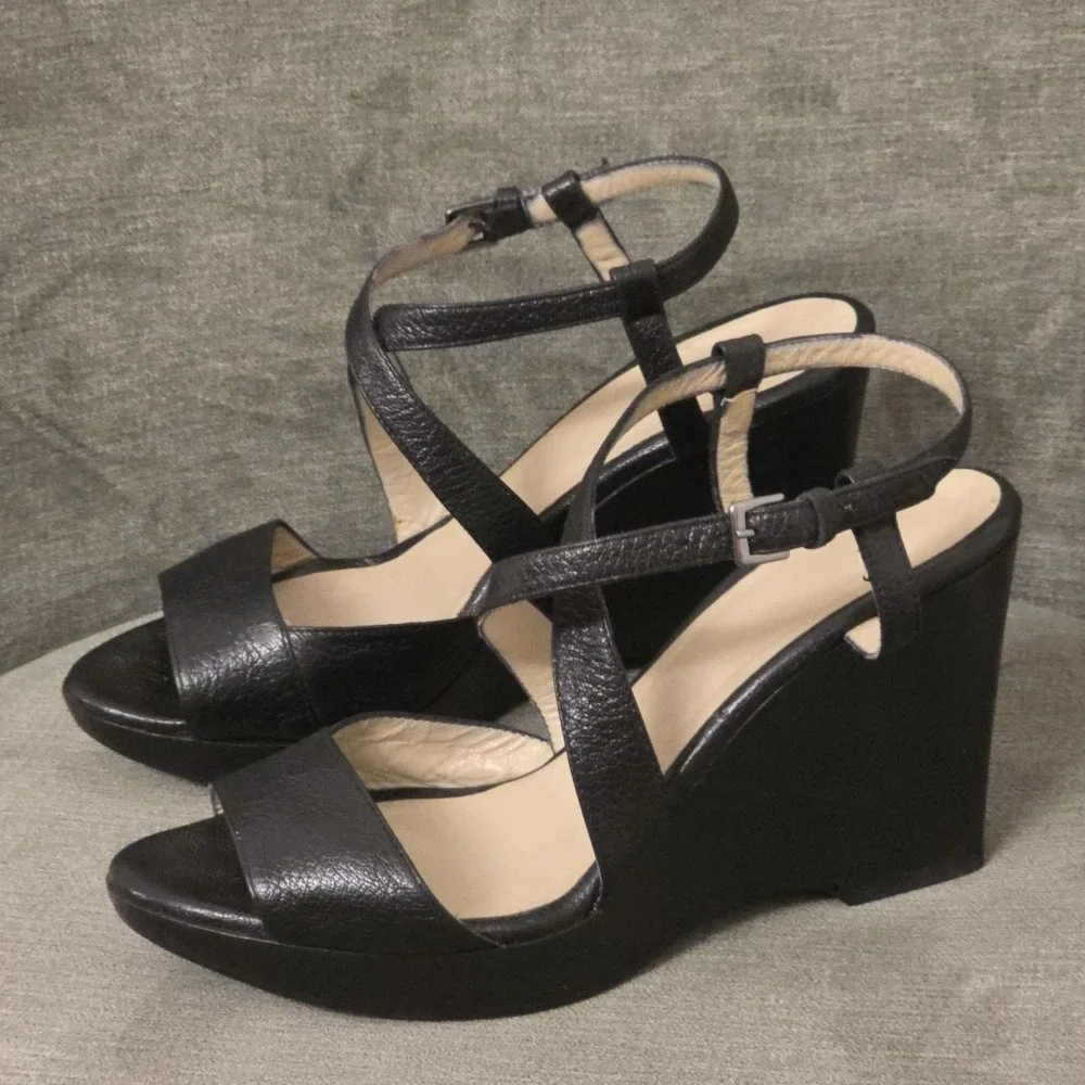 Max Mara Leather‎ Wedge Platform Size 37  US 7 Black  Open Toe